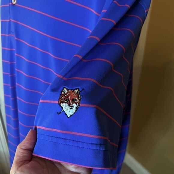Peter Millar Summer Comfort Blue Pink Stripe Polo Shirt Fox Golf Logo LARGE Tall - Picture 3 of 3